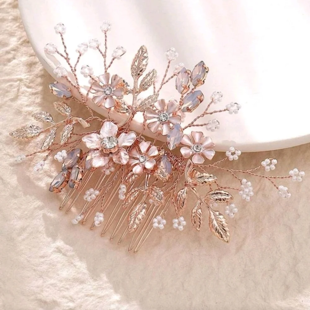Bridal Comb Rose Gold Floral Leaves Rhinestone Faux Pearl Wedding Hair Comb
